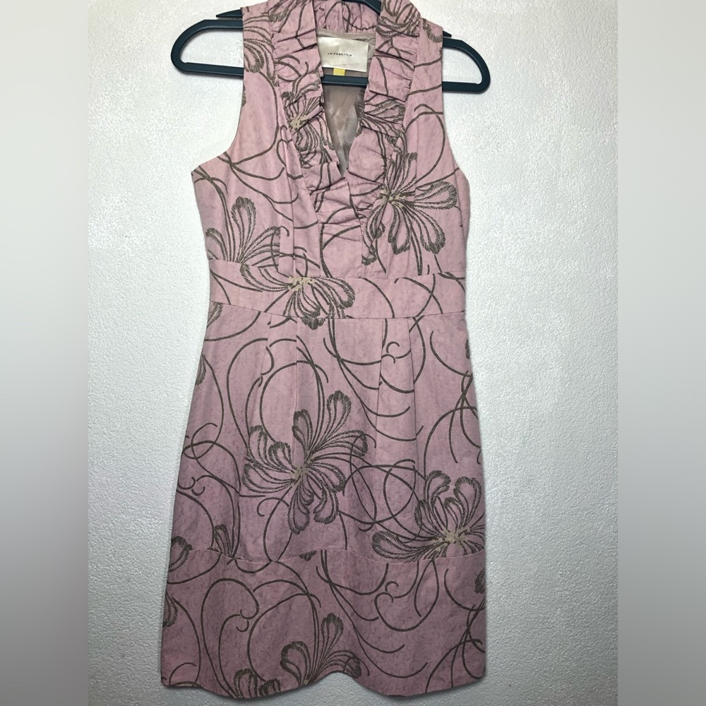 Anthropologie Leifsdottir Purling Stream Pink Floral Ruffle Neck Jacquard Dress